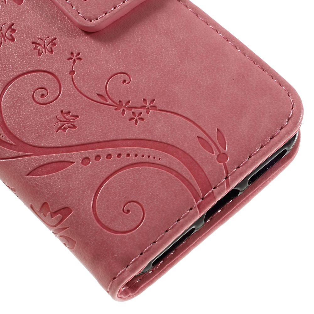 iPhone SE (2022/2020) / 8 / 7 Leder Tasche mit Kartenfach   Handschlaufe Butterfly Flowers - Rosa