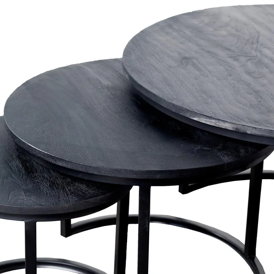Salontafel Rond - Mangohout Zwart - Set Van 3 - Tres