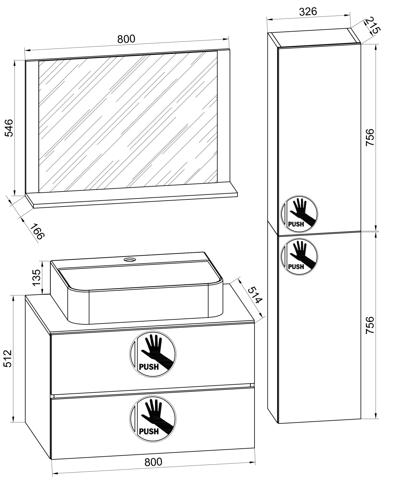 4-teiliges Badmöbel-Set LENDAS BL L - Honig-Eiche - mit Hochschrank - 114 cm