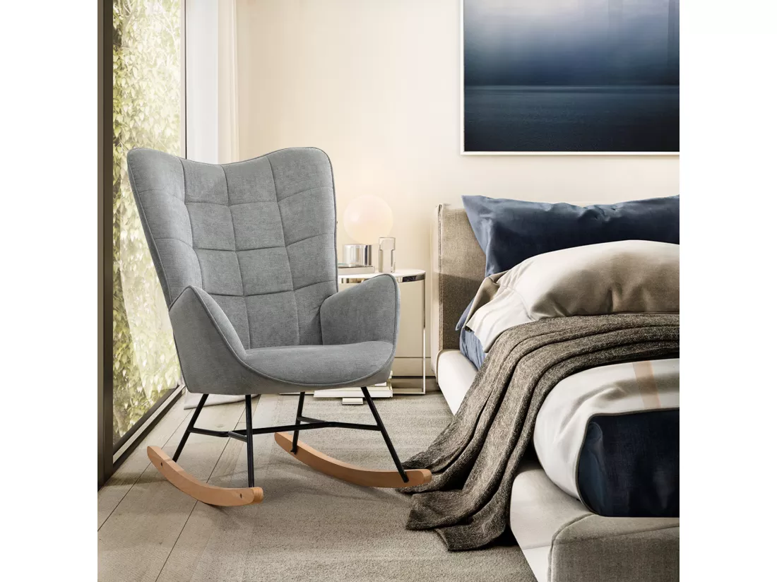 MEUBLES COSY Fauteuil à Bascule Allaitement Scandinave Chaise Loisir et Repos en Tissu avec Pieds en E' Bois Métal pour Salon, Chambre, Massif, Gris, 66x84x97cm
