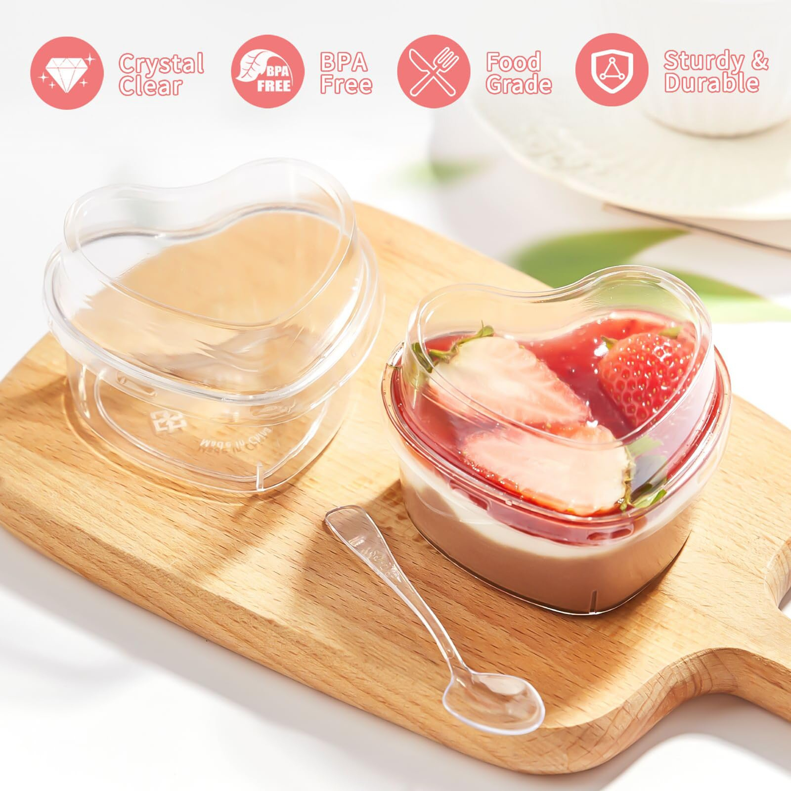 (150-tlg. Set) 80x32mm Einweg Mini Dessert Herz Becher Party Geschirr Schälchen inkl. Löffel   Deckel für Glacé / Mousse / Pudding - Transparent