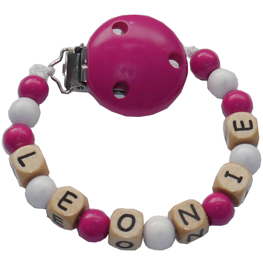 Schnullireich Schnullerkette mit Namen bis 8 Buchstaben (Holz) Pink