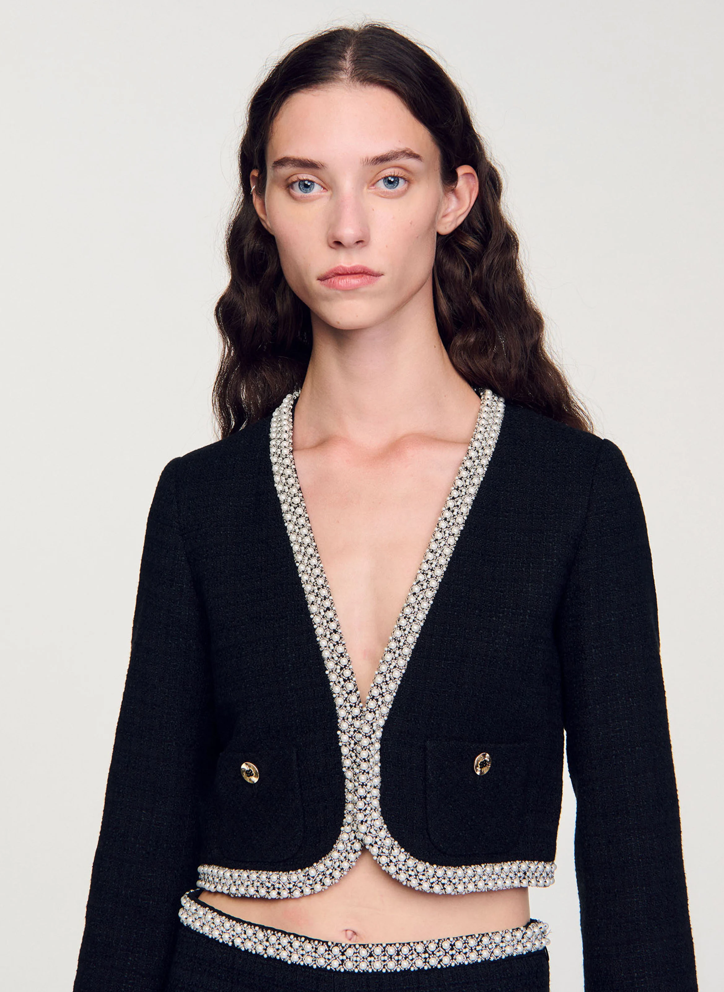 Veste courte perlée en tweed | Noir