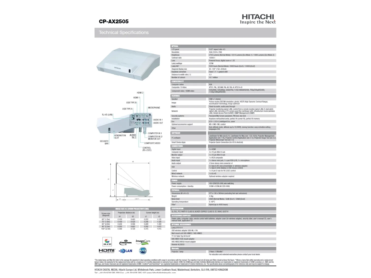 [OUTLET] - Hitachi CP AX2505 projektor - 2700 ANSI lumen - LCD - XGA (1024x768) - 10000:1 - 4:3 - 1524 - 2540 mm (60 - 100