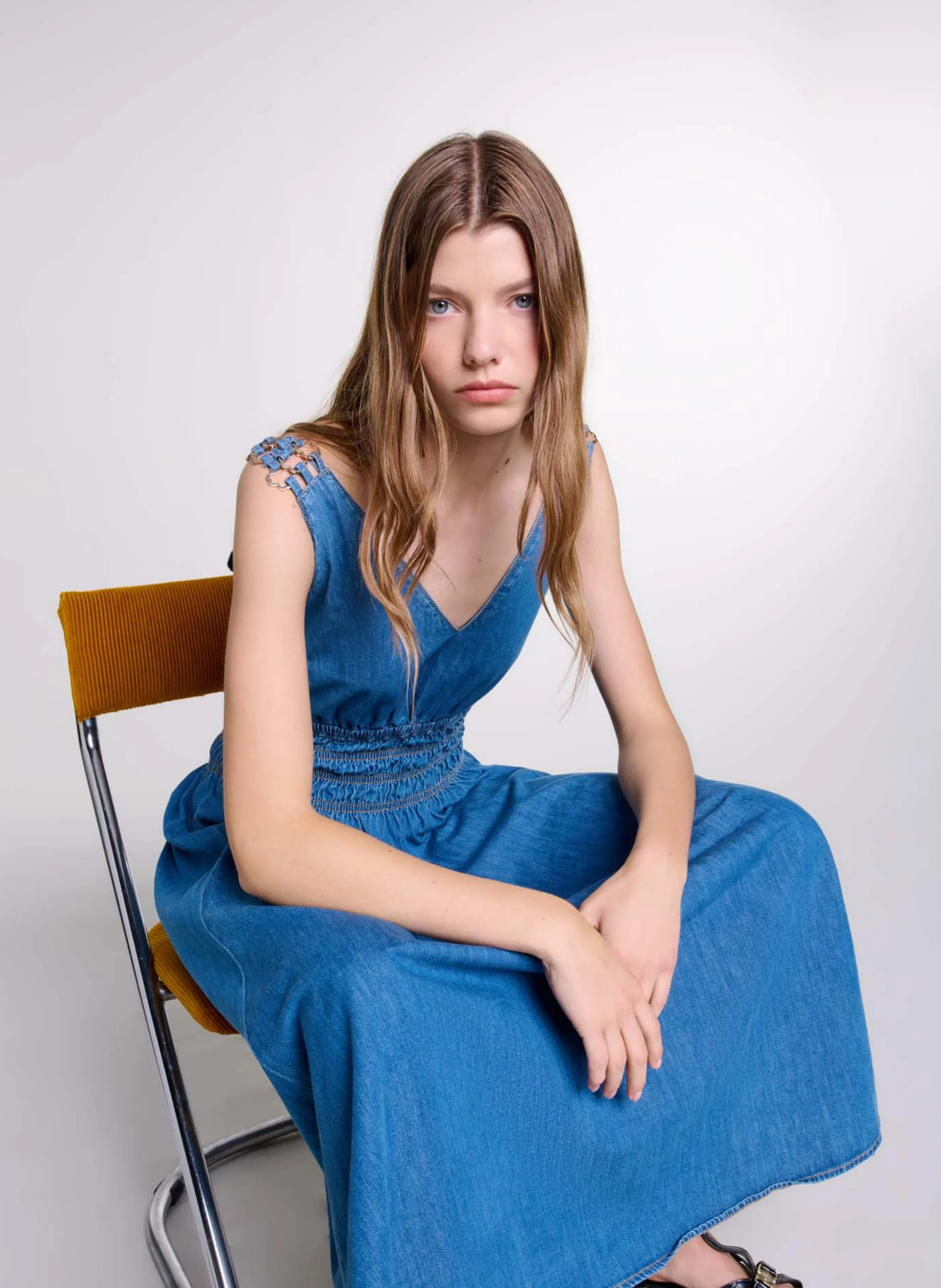 Robe longue ajourée en denim | Bleu