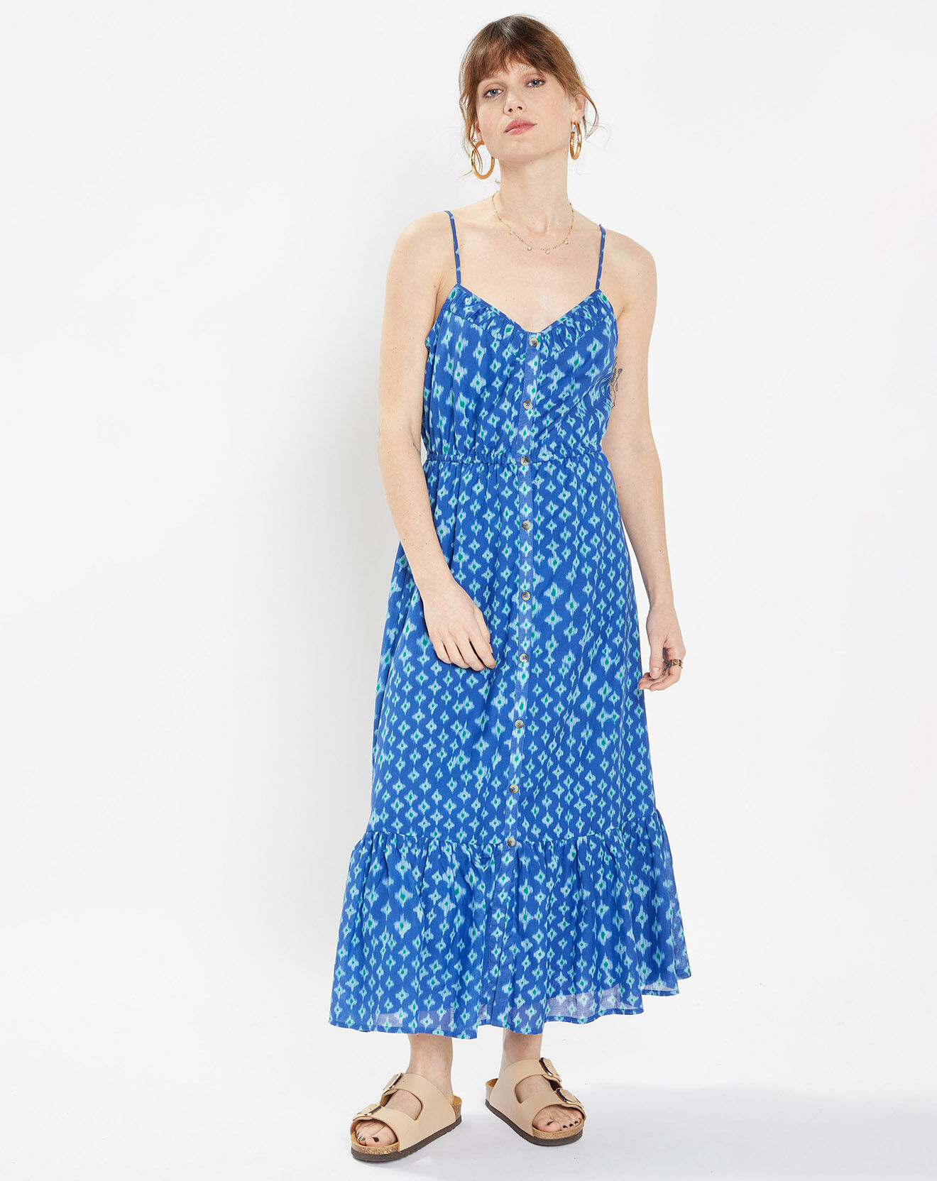 Galeries Lafayette Robe longue et fluide imprimé bleue