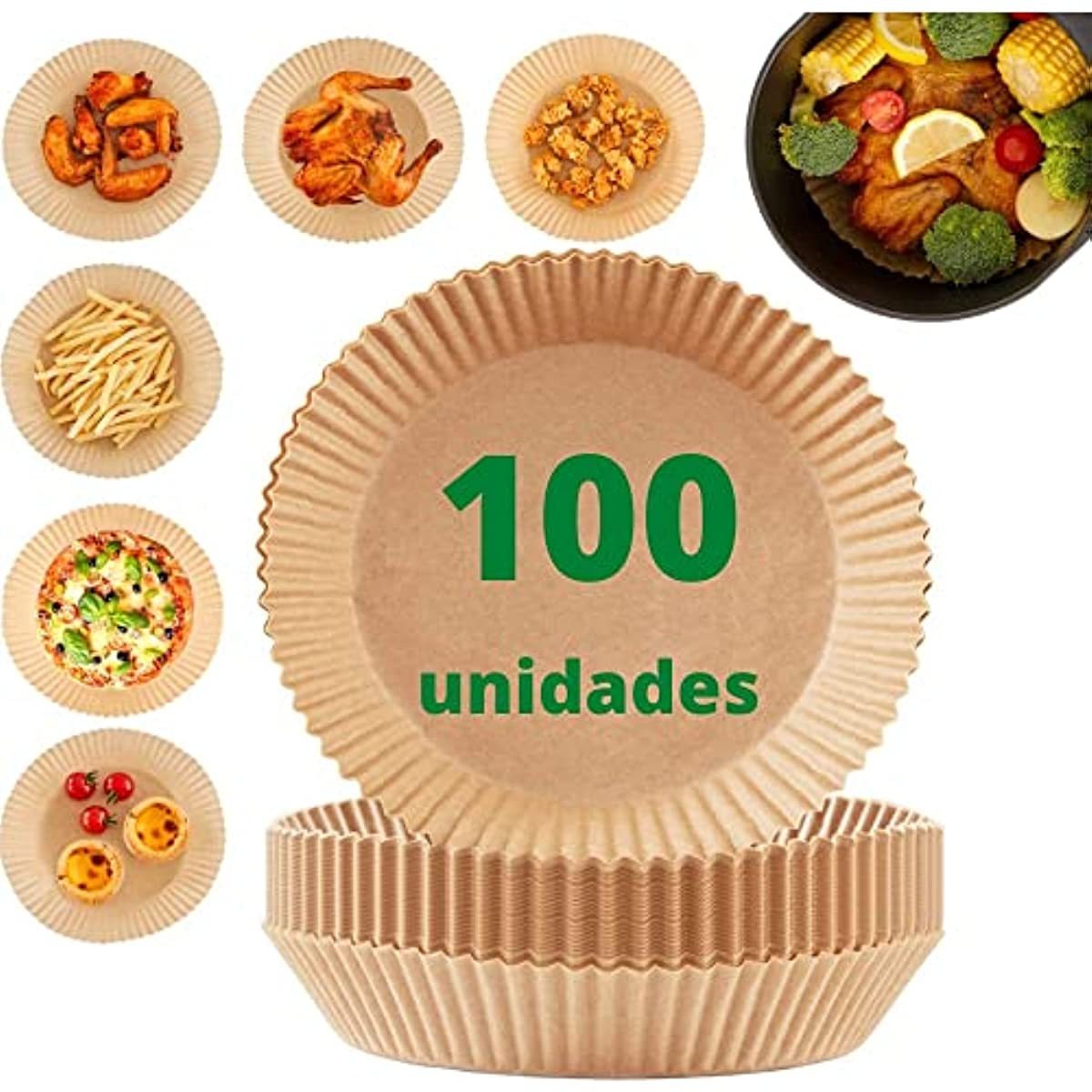 Kit com 100 unidades de papel descart&aacute;vel antiaderente para Air Fryer
