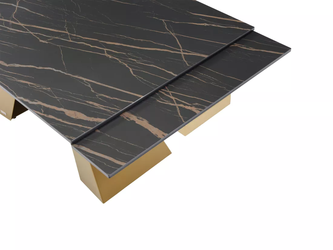 Table à manger extensible 6 à 10 personnes en verre trempé, céramique et métal - Effet marbre noir et doré - LOZIPA de Maison Céphy