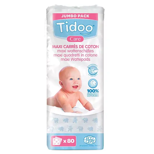 Discos de algodão orgânico Tidoo Care Maxi Cotton Squares, 80 unidades.