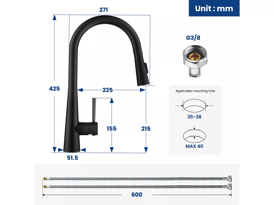Cecipa max Evier de Cuisine en Quartz et Résine 40x45cm Evier Quartz 1 Bac Noir + Mitigeur avec Douchette Extractible, 3 Modes de Sortie D'eau, Noir
