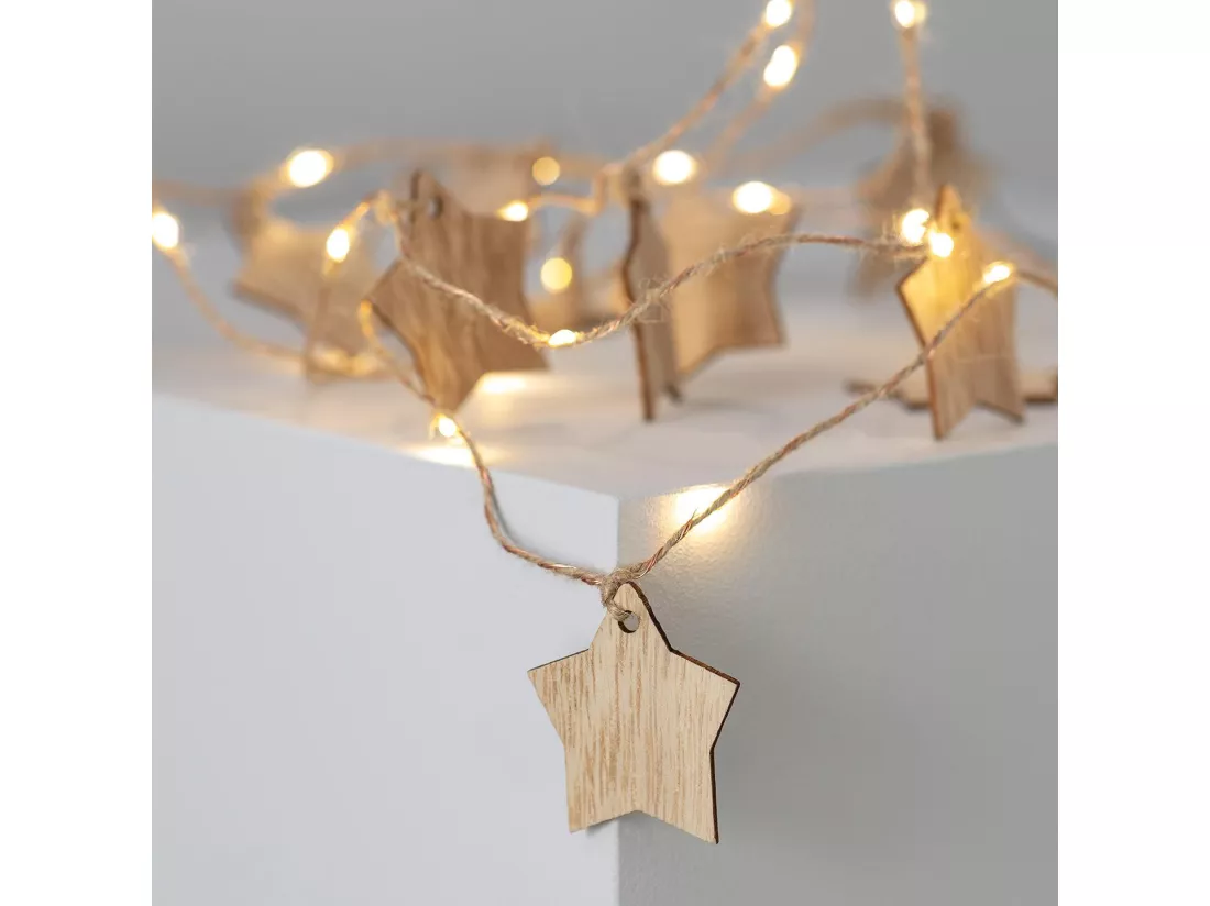 Guirlande Lumineuse LED Étoiles Bois avec Piles 2.2m Blanc Chaud 3000K