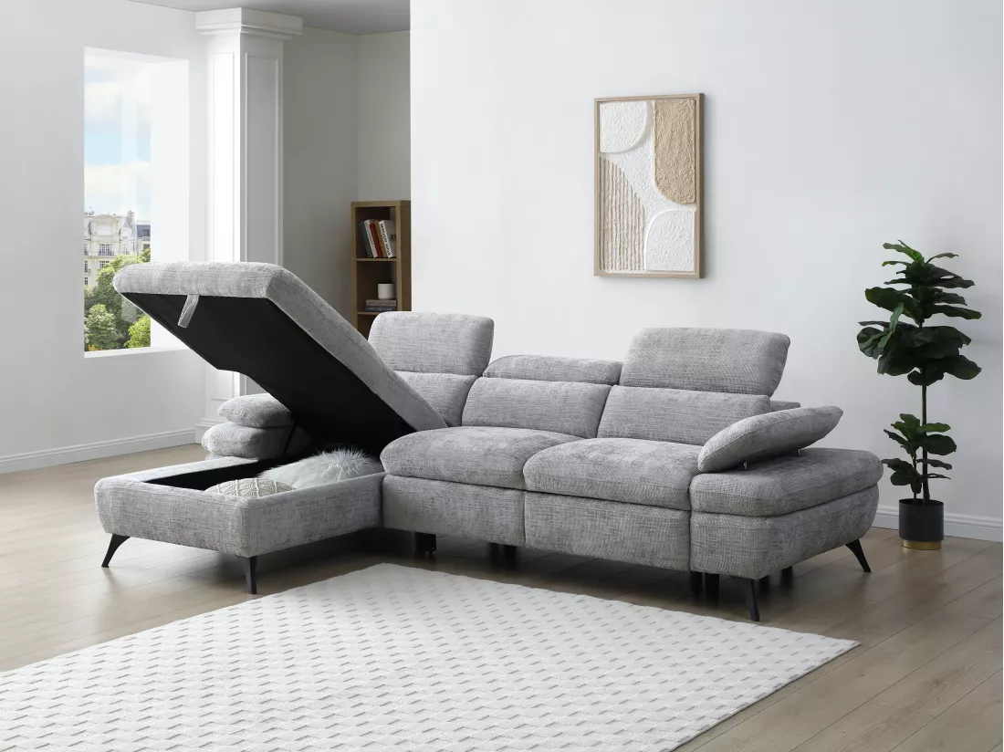 Canapé d'angle gauche convertible en tissu texturé avec coffre de rangement gris MORAVA
