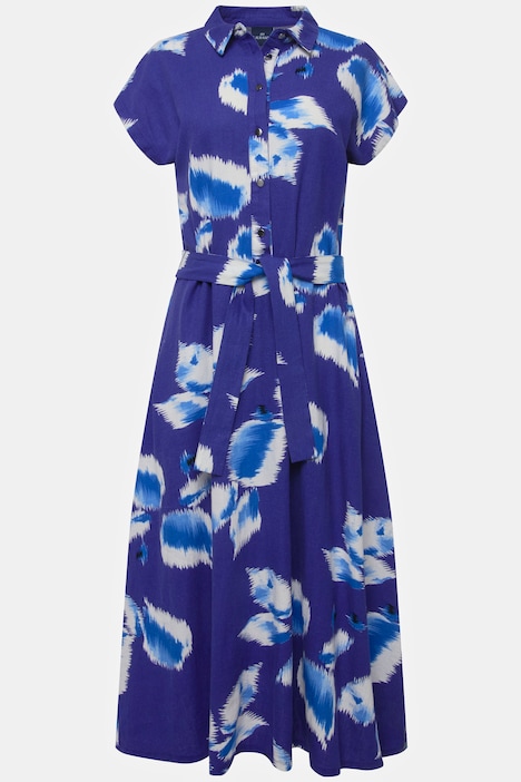 Leinenmix-Kleid, Print, Hemdkragen, Taillengürtel, Halbarm