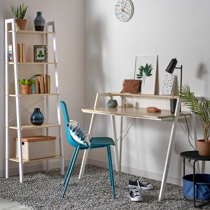 Bureau Aarhus en mélamine finition naturelle et pieds en acier blanc 115 x 60 cm