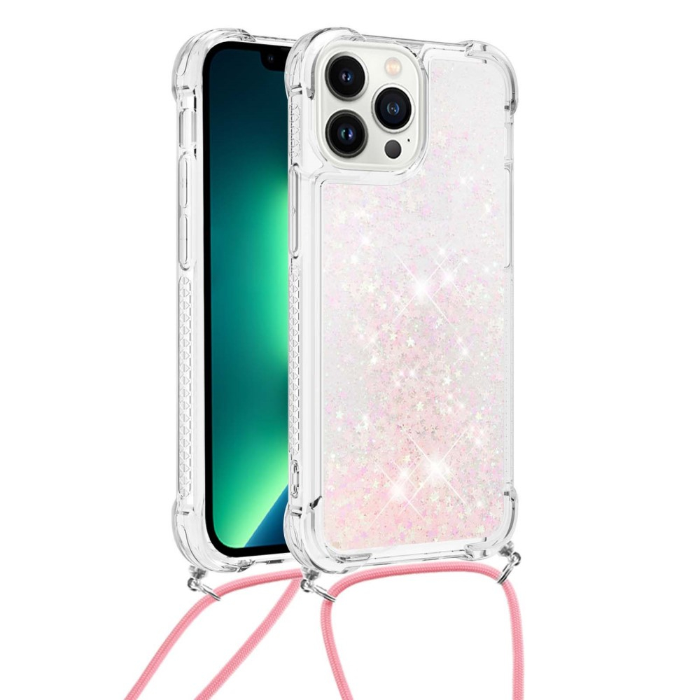 iPhone 15 Pro Necklace Gummi Hülle Liquid Glitzer   Handykette (130cm) - Rosa