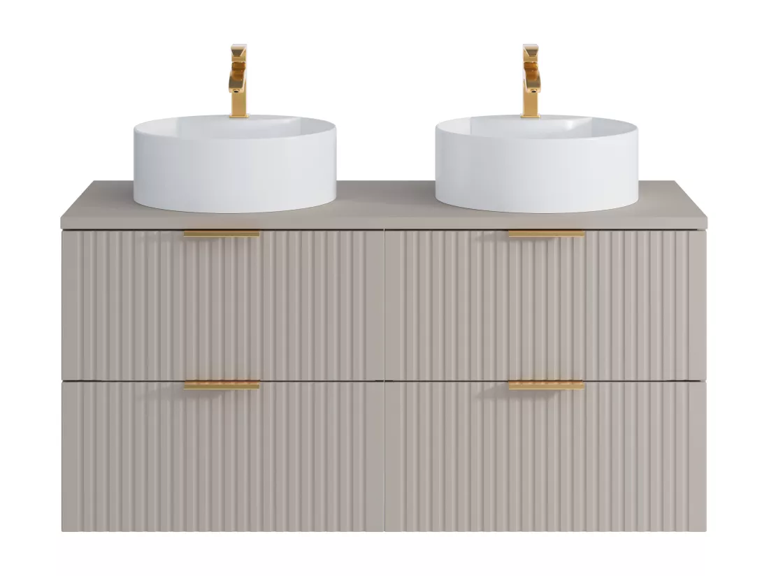 Meuble de salle de bain suspendu strié avec double vasque à poser ronde - Beige - L120 cm - ZEVARA
