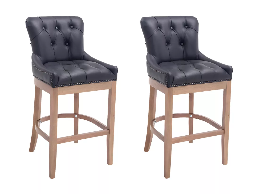 Lot de 2 Tabourets de bar - Véritable cuir & Bois - Noir - Lakewood