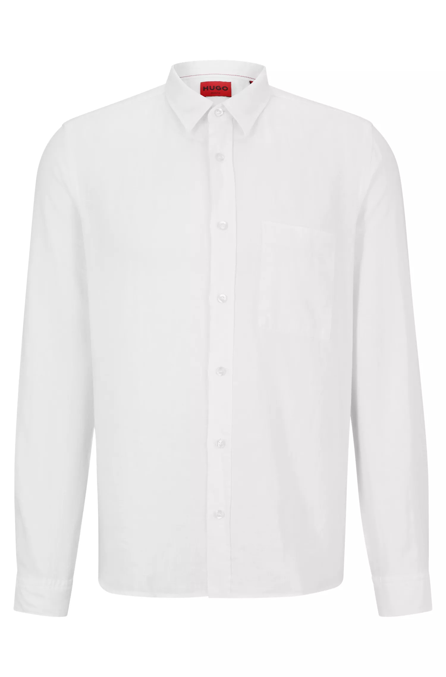 Camisa HUGO vermelha de manga comprida com modelagem relaxada em linho puro.