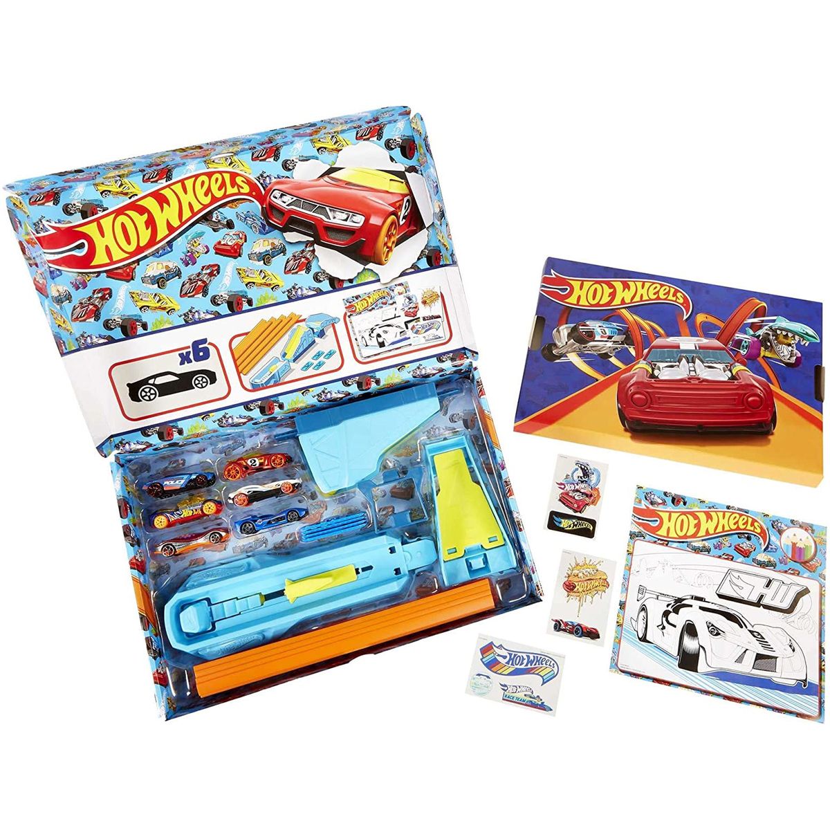 Mattel GWN96 - Hot Wheels - Starterset inkl. 6 Fahrzeuge, Tracks und Rampen, Celebration Box, 1:64