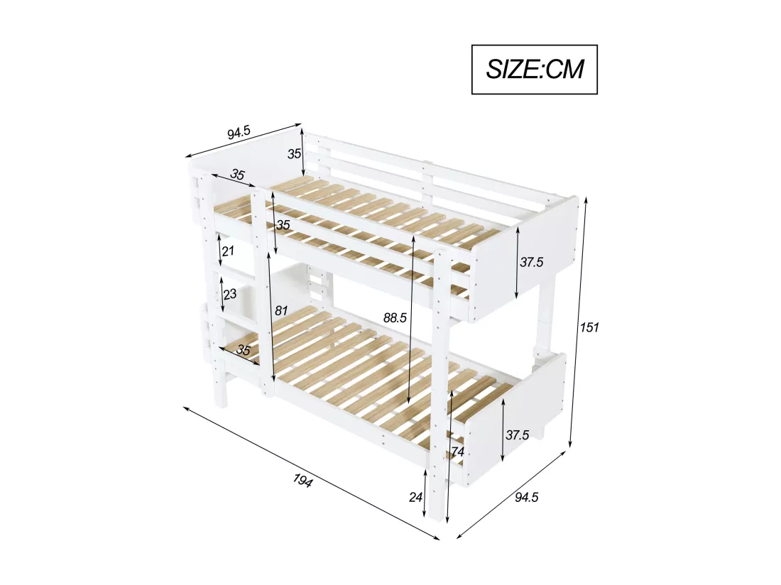 Lit superposé pour enfant blanc 90 x 190 cm, cadre en bois massif, convertible en deux lits à plateforme