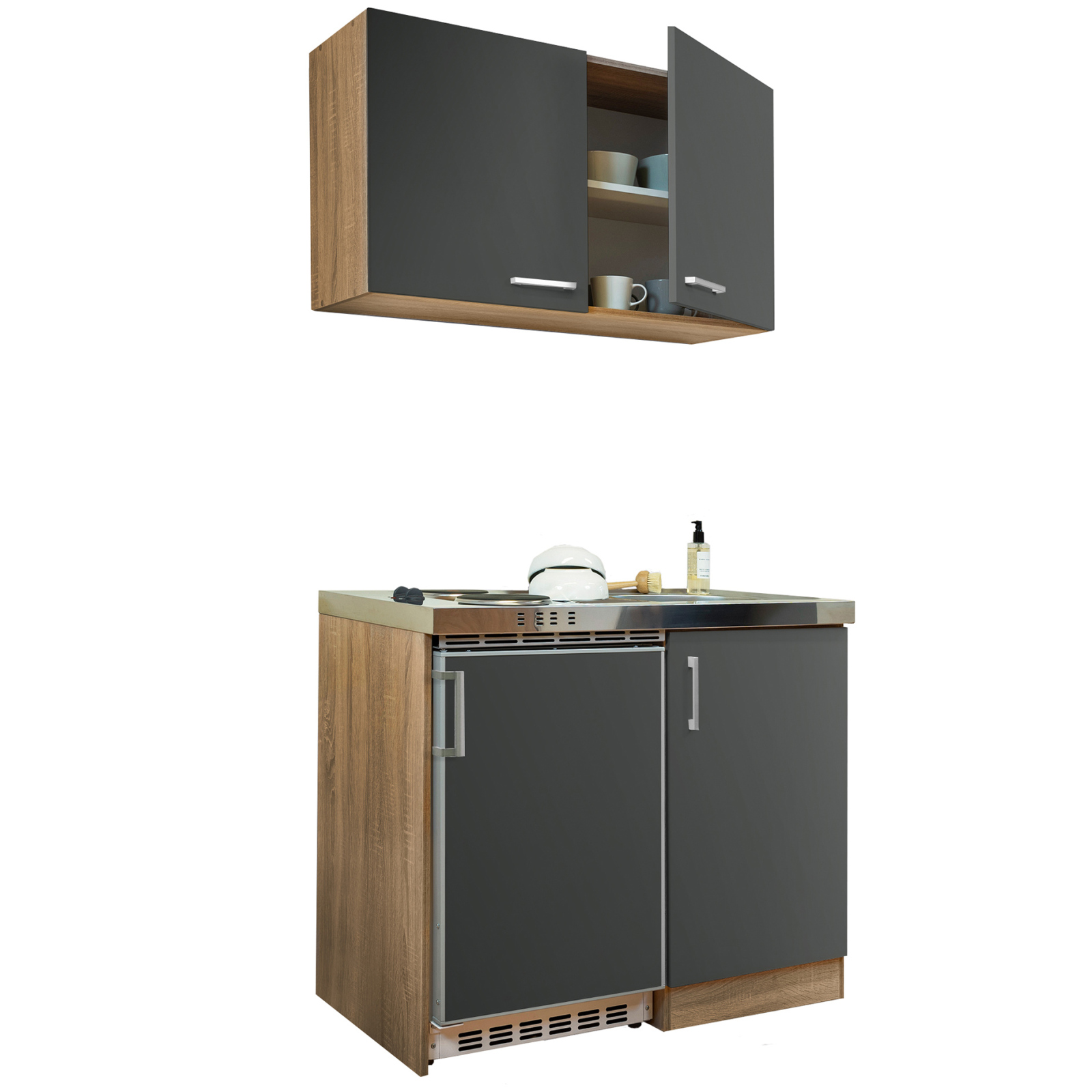 RESPEKTA Miniküche LEVIN - grau - Eiche sägerau - mit E-Geräten - 100 cm