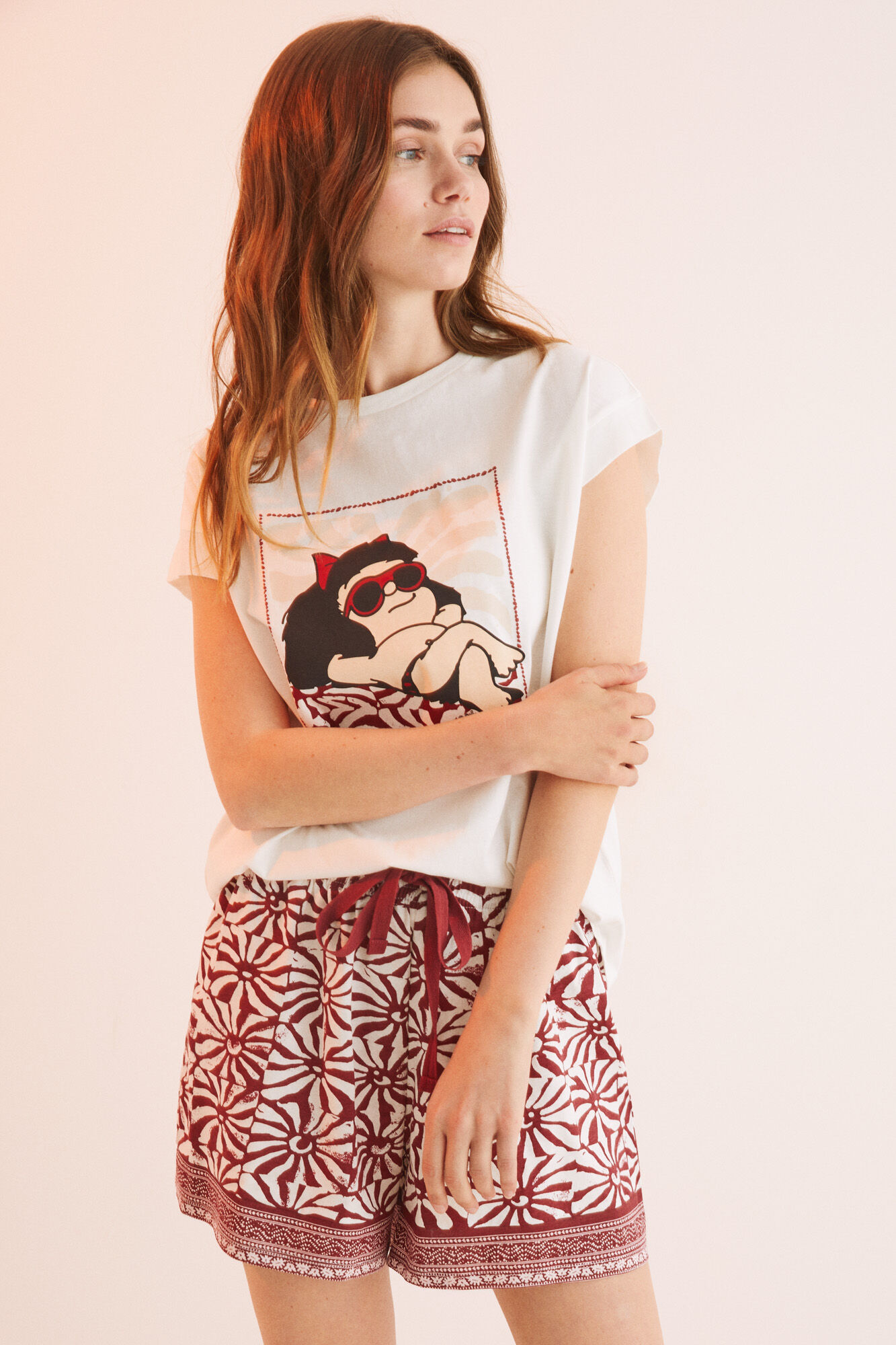 Pijama curto Mafalda, 100% algodão, branco - bege