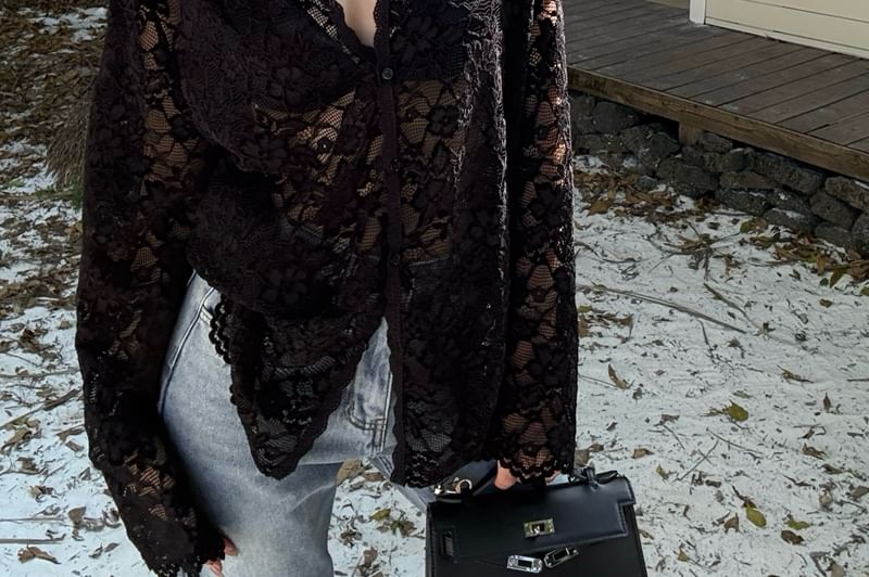 ooit daarna - Oversized doorschijnend kanten V-hals shirt