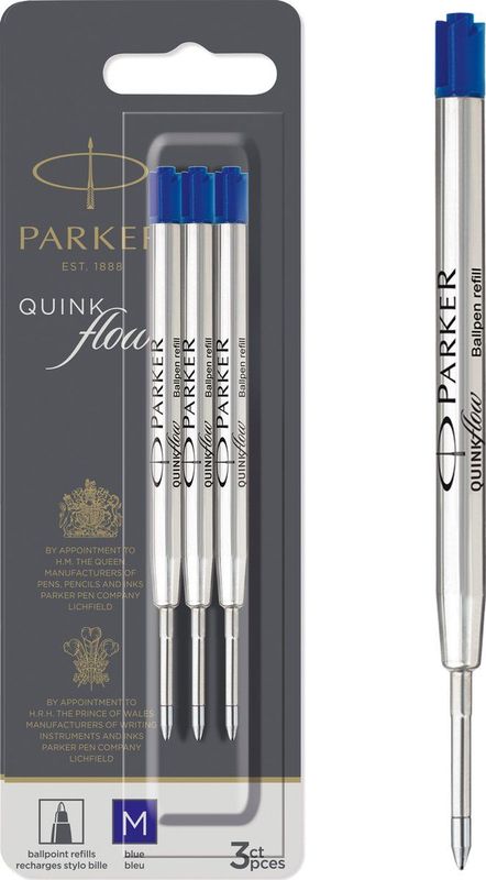 Parker balpenvulling - medium punt - blauwe QUINKflow-inkt - 3 stuks