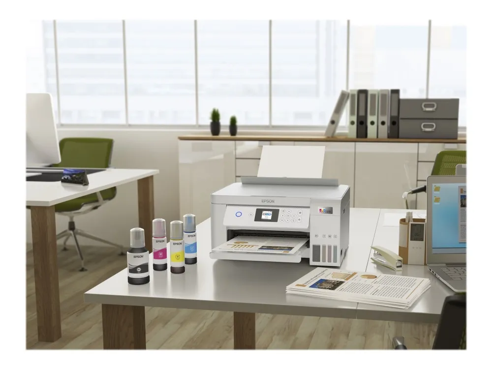 Epson EcoTank ET-2856 - Multifunktionsprinter - farve - blækprinter - kan genopfyldes - A4 (medie) - op til 10.5 spm (udskriver) - 100 ark - Wi-Fi, USB - hvid