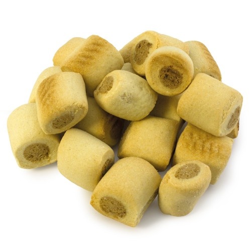 Biscoitos para cães em formato de mini pãezinhos, sabor natural.