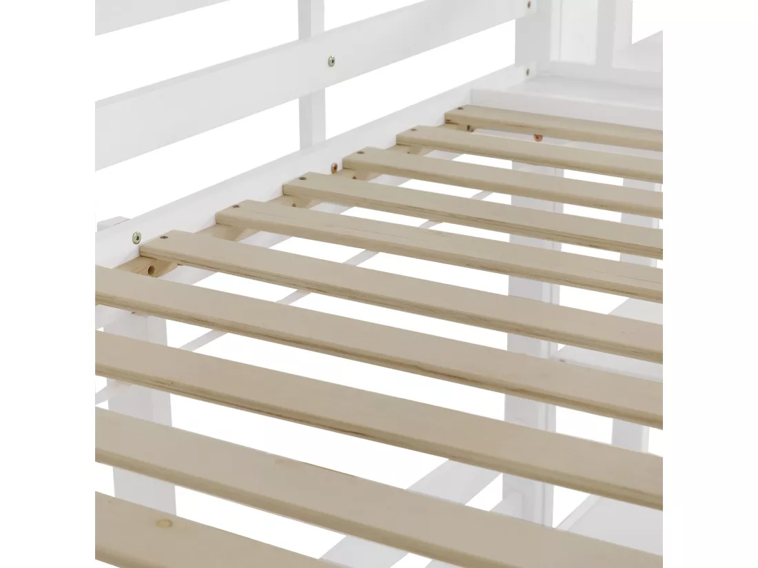 Lits superposés cabane 90 x 200 cm, avec escaliers et toboggan, Pin + MDF, 3 zones de couchage, Blanc