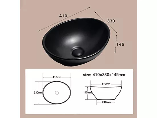 Lavabo Ovale Classique en Céramique,Bac à Laver Vasque à Poser Noir Mat,Évier de Salle de Bain - 41x34x14.5cm