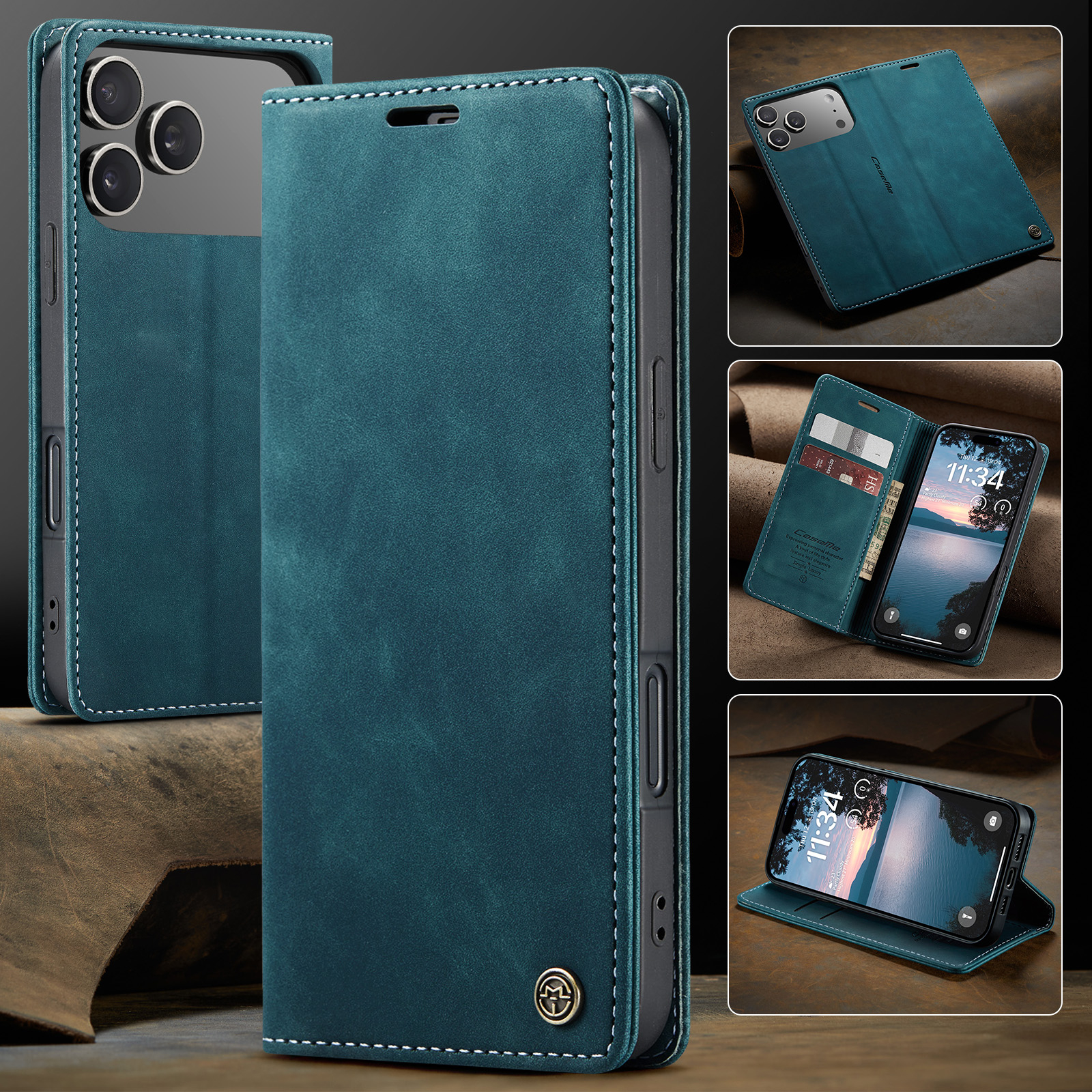 iPhone 17 Pro Max Leder Tasche Flip Wallet Etui mit Kartenfächern - Blaugrün
