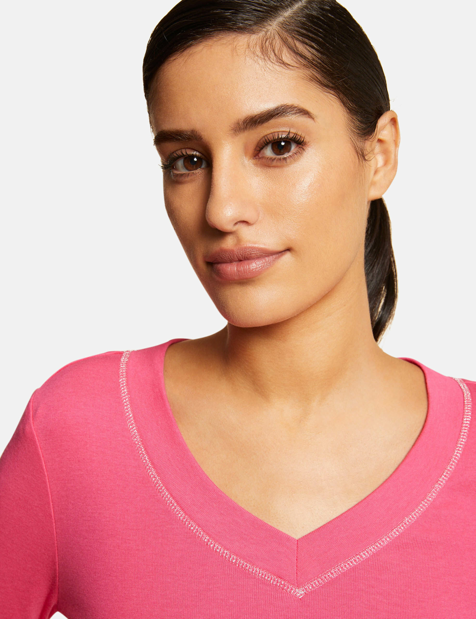 T-shirt manches longues avec col en V fuchsia femme - fuchsia