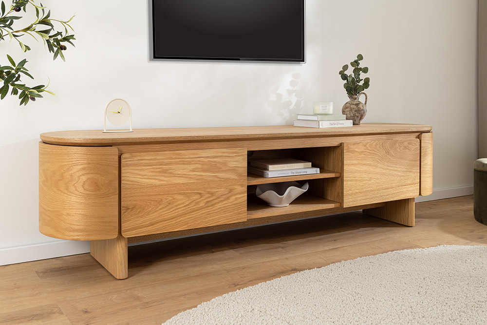 Modernes TV-Board OAK GRAIN 200cm natur Eichenholz zwei Fächer mit Schubladen