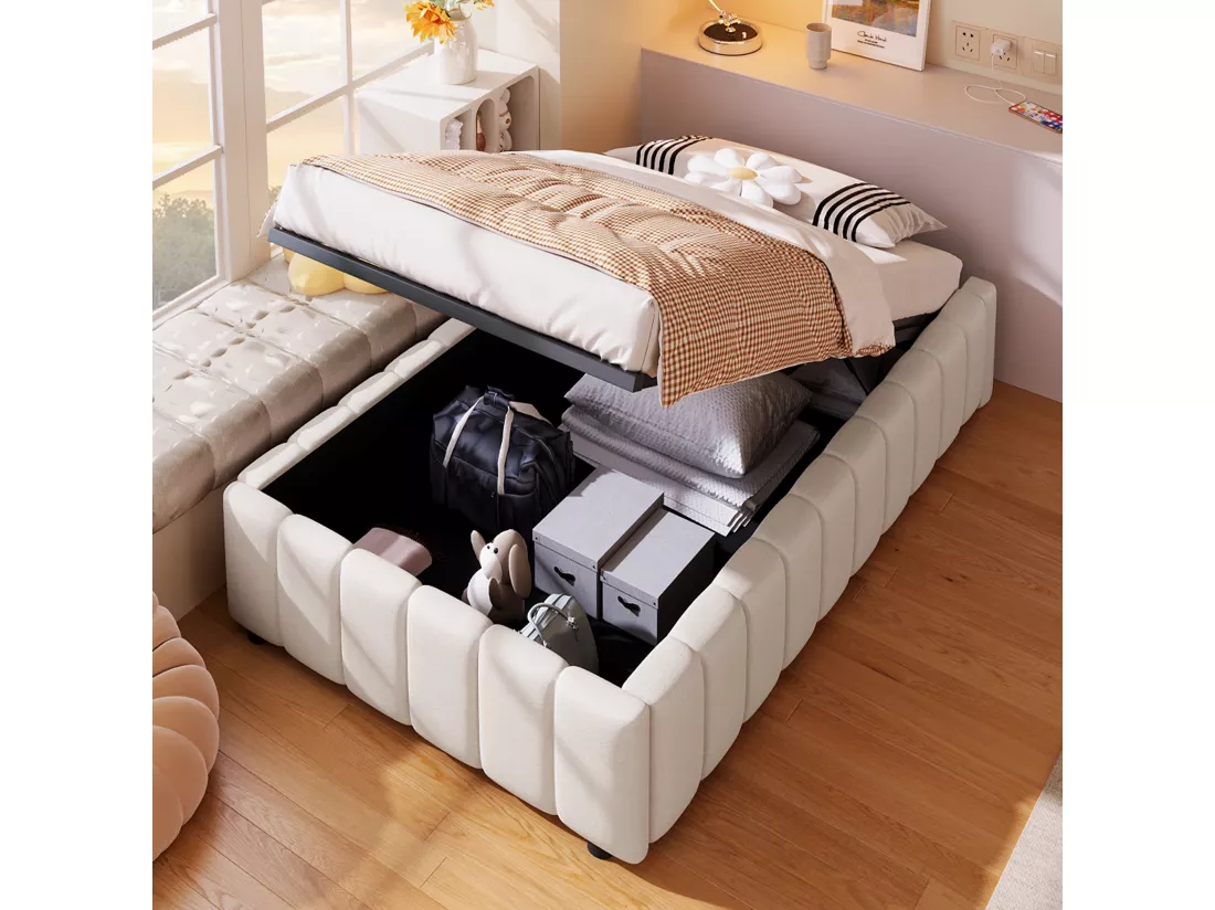 Lit coffre capitonné en lin - 90x200 cm - sans tête de lit - Beige