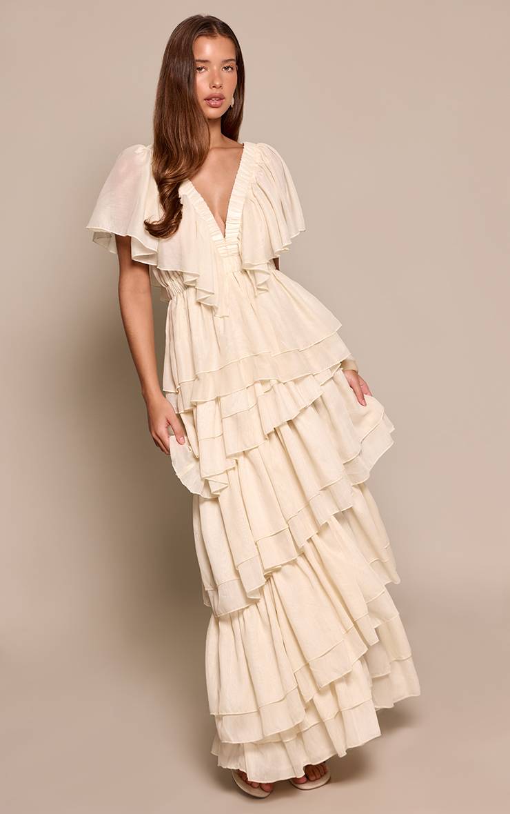 Crème Robe Maxi À Col V Plongeant Et Volants Étagés Extrêmes