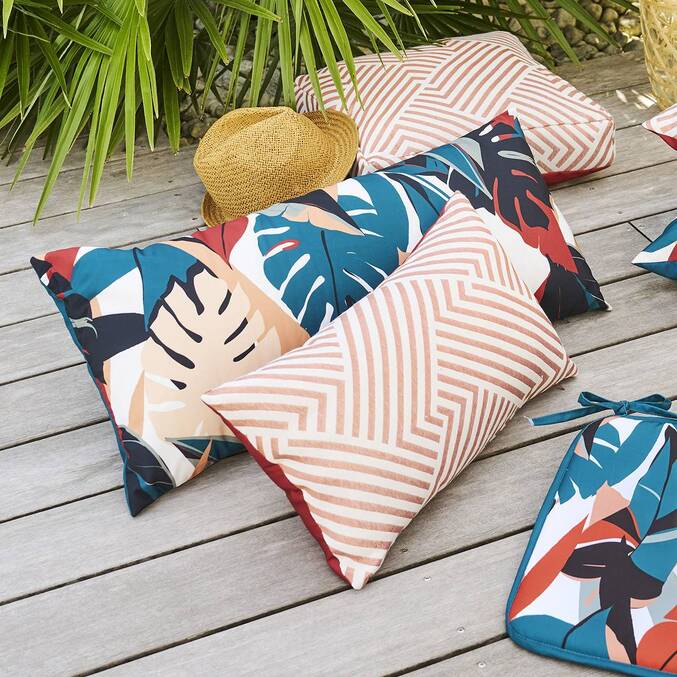 Coussin déco d'intérieur et d'extérieur DEYO motif Feuilles Bleu canard