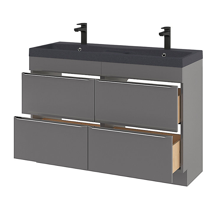 Ensemble salle de bains l.120 cm meuble à poser Imandra gris brillant + plan double vasque résine noir