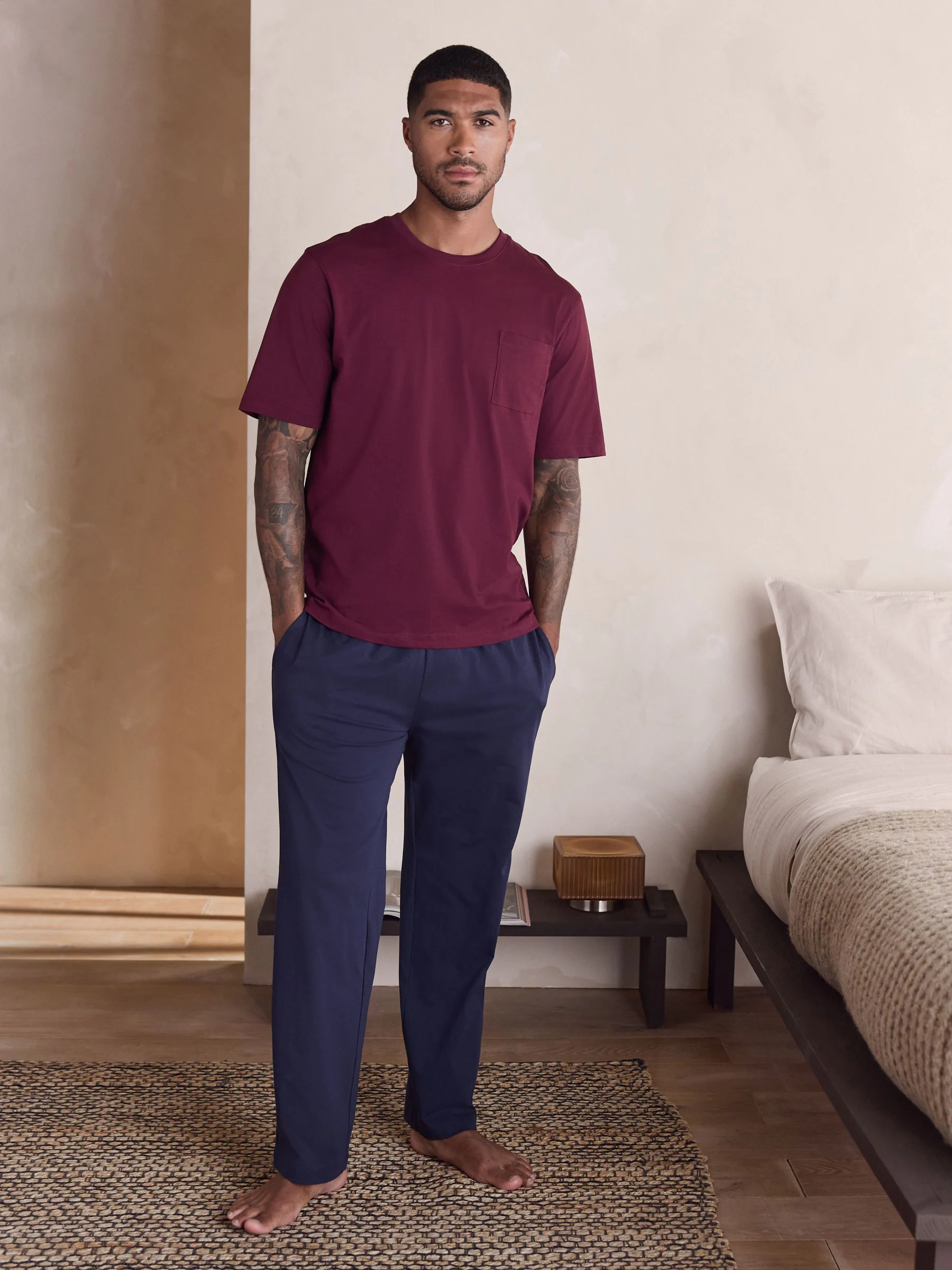Bordeauxrood/marineblauw - Jersey pyjama met korte mouwen