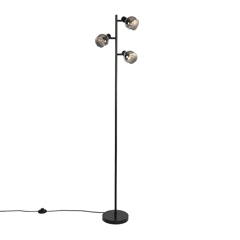Art Deco vloerlamp zwart 3-lichts met smoke glas - Vidro