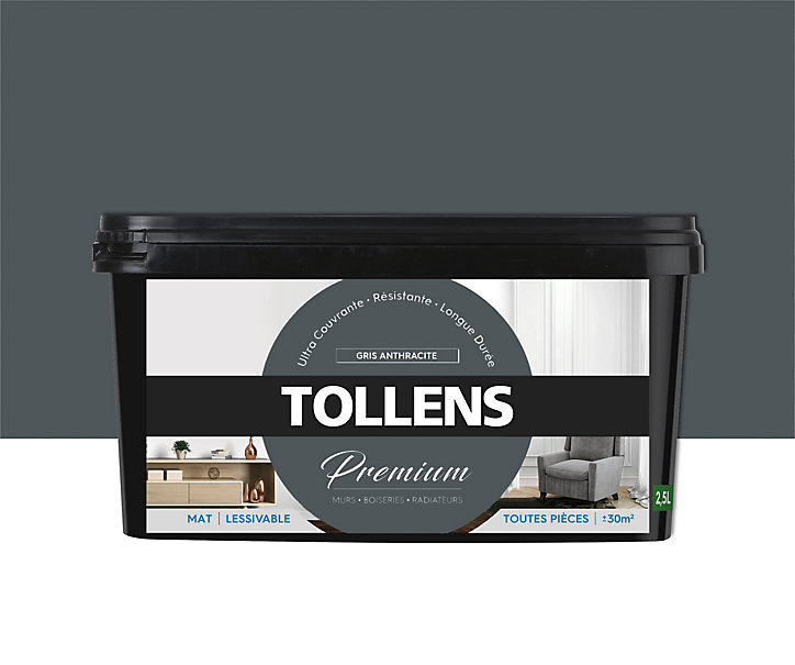 Peinture Tollens premium murs, boiseries et radiateurs gris anthracite mat 2,5L