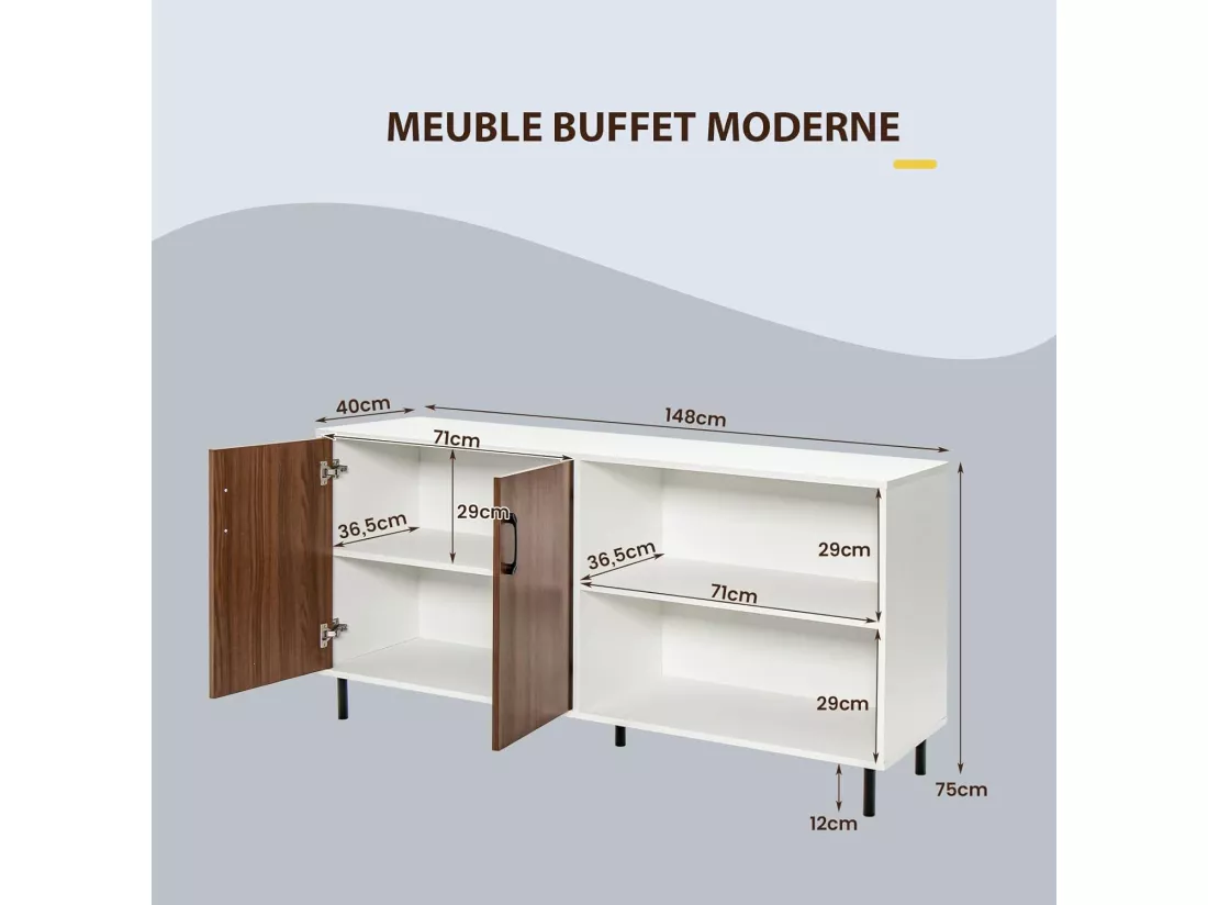 Buffet salon avec 2 portes et 2 compartiments, 4 pieds métalliques, 148 x 40 x 75 cm