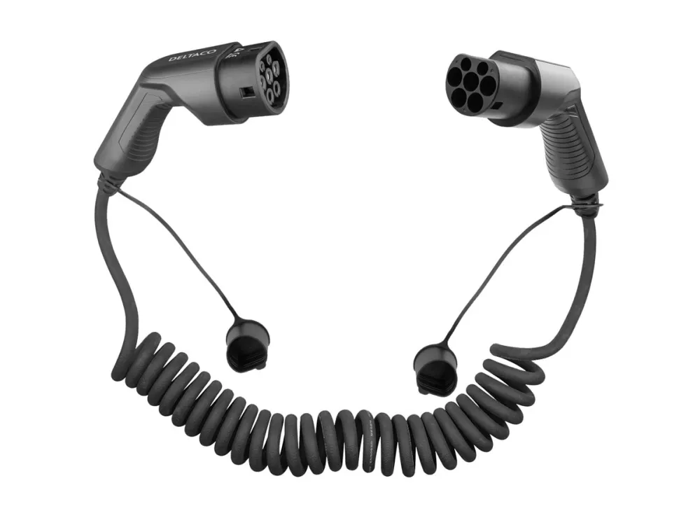 DELTACO e-Charge spiral ladekabel til elbil type 2 stik - 16A - Optil 11 kW - 3-5 meter