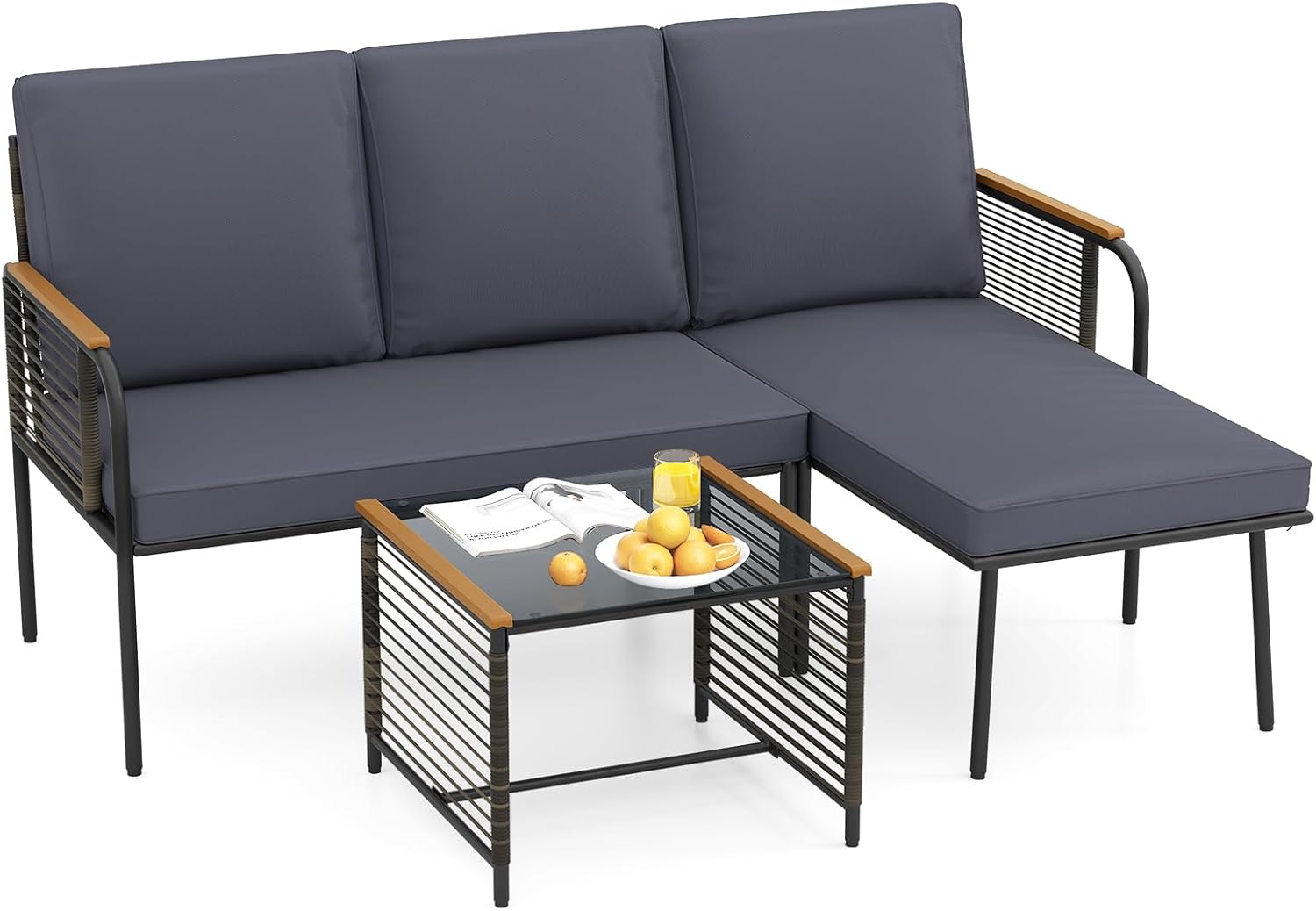 COSTWAY Lounge Möbel Outdoor, Polyrattan Gartenlounge mit Tisch und Kissen, Gartenmöbel Set, Balkonmöbel, Terrassenmöbel, 3-teilige Sitzgruppe, Sitzgarnitur für Garten, Terrasse, Balkon