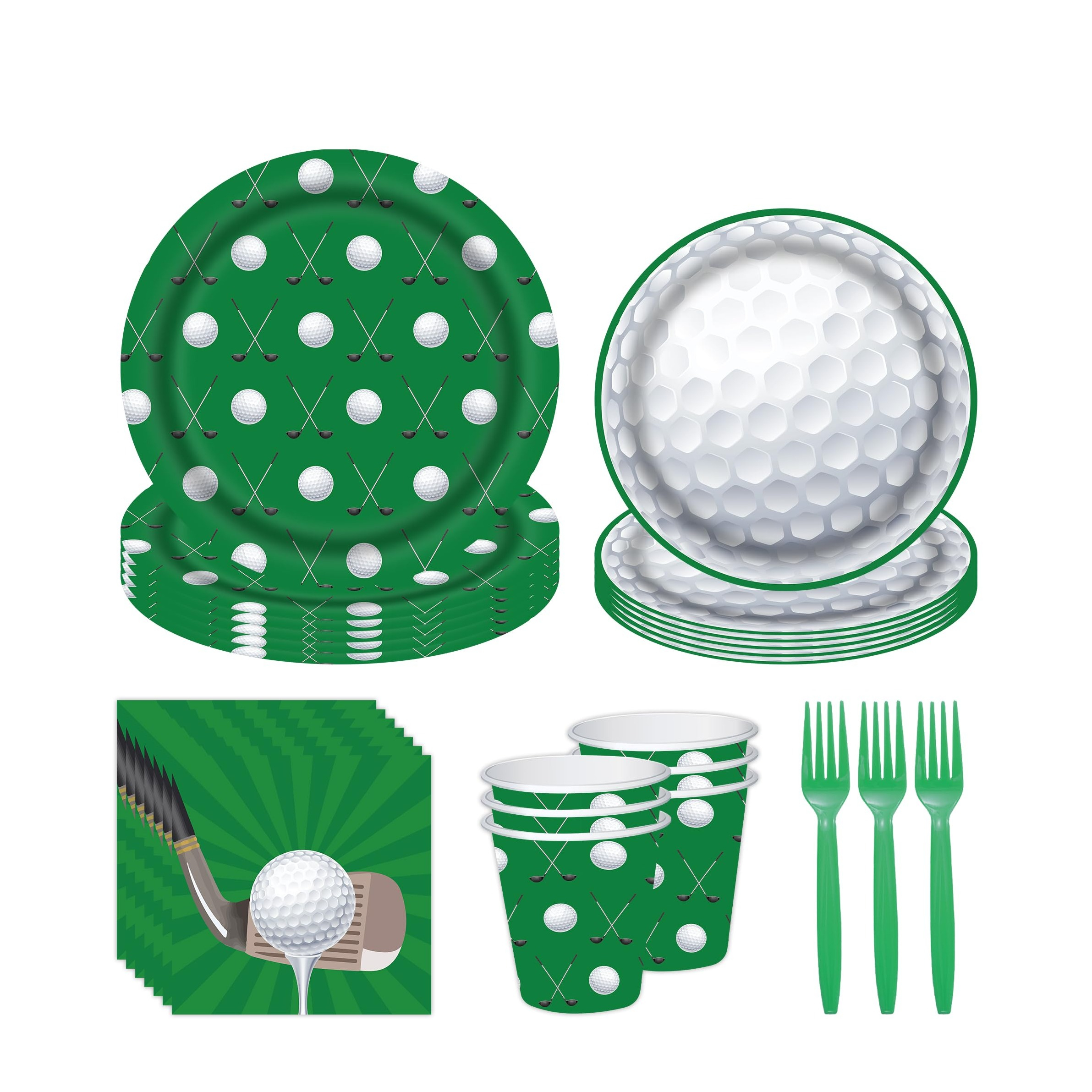 (112-tlg. Set) Einweg Geschirr Party Tisch Deko inkl. Teller / Servietten / Besteck / Papp Becher - Golf
