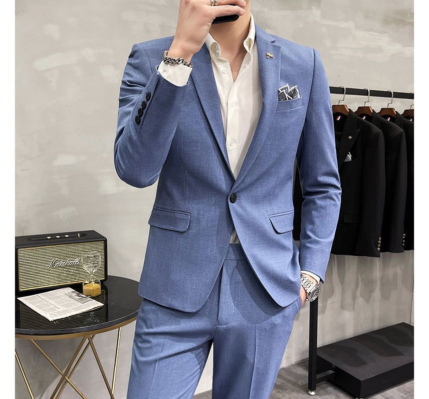 Deepwood - Set: Effen blazer met één knoop + Hoge taille rechte broek