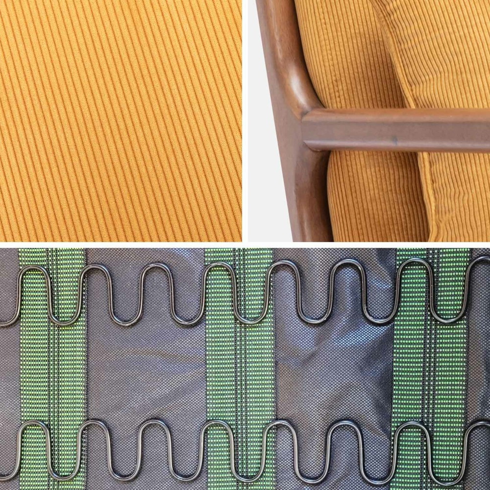 Fauteuil velours côtelé ocre. Pieds bois d'hévéa teinté noyer clair. 1 place droit fixe. Pieds compas scandinave. Structure en bois