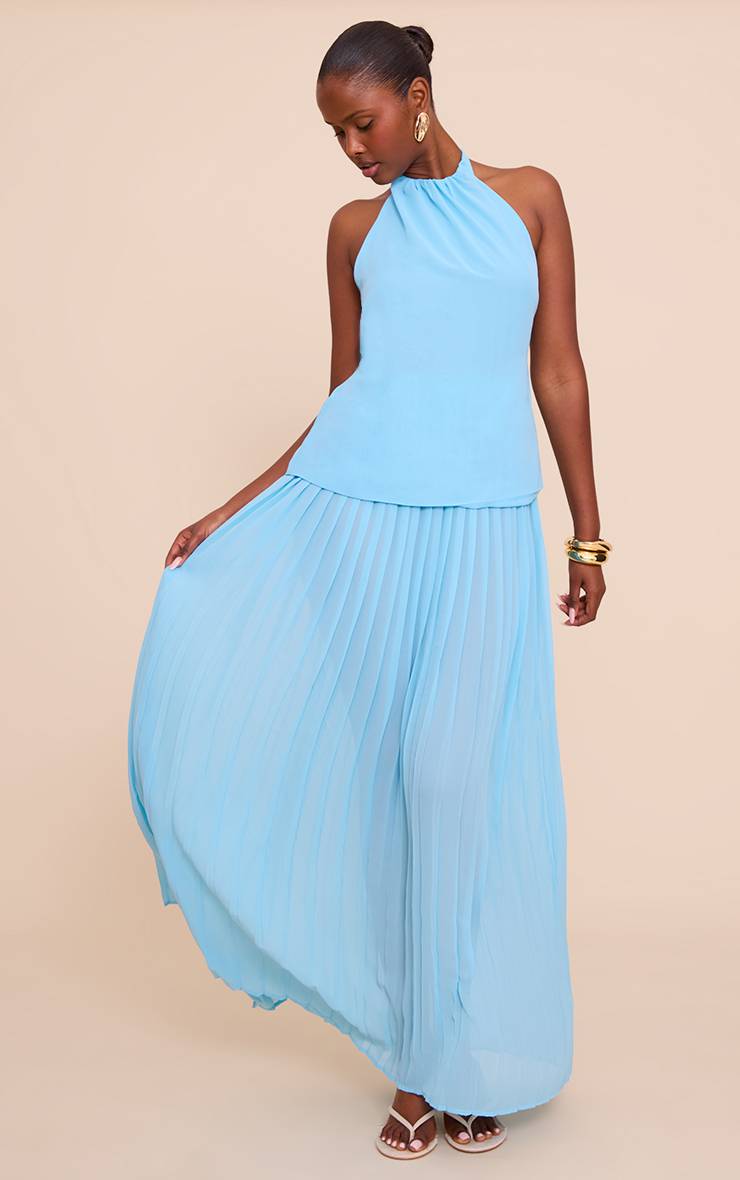 Bleu Ciel Robe Longue À Jupe Plissée Superposée