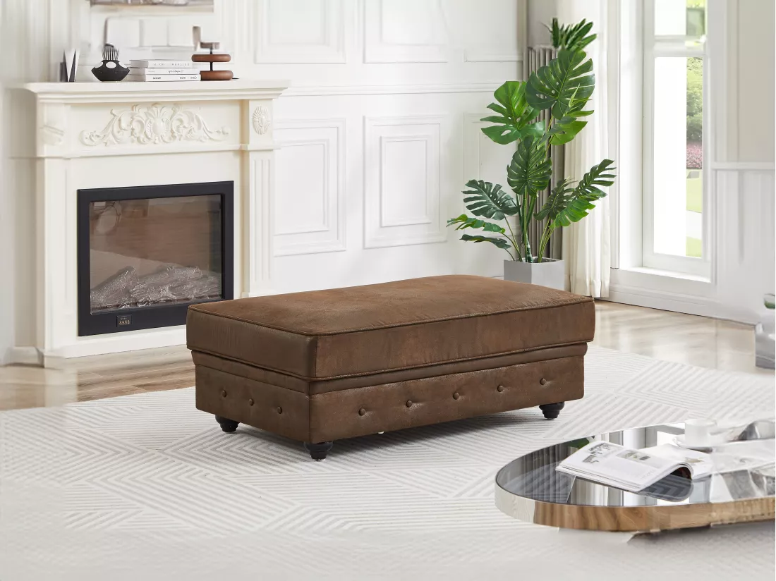 Pouf coffre de rangement en microfibre aspect cuir vieilli CHESTERFIELD